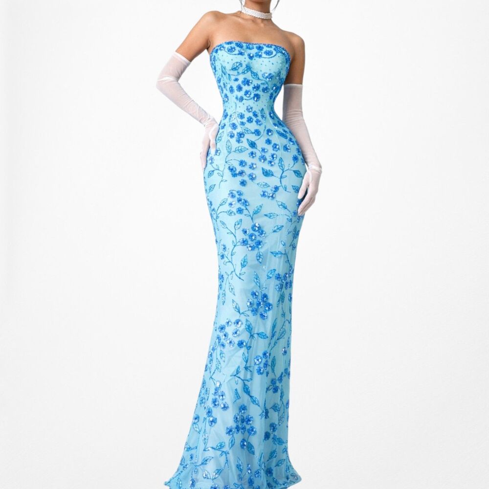 Vintage Blue Strapless Floral Beaded Silk Side Slit Maxi Bodycon Prom Dress L